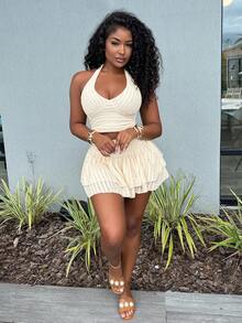 Alexandranx 女式米色纹理面料露背 V 领修身背心和双层喇叭迷你裙 2 件套，度假装 - 米色 - 查看 6