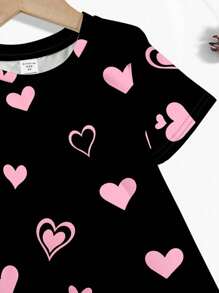SHEIN Heart Cat Design, Pink Casual Simple Short Sleeve Mid-Length Dress For Young Girls, Suitable For Summer & Autumn