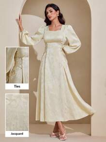 Graceveil Vestido amarillo claro con cuello cuadrado, tela de jacquard texturizada, cintura ceñida y falda acampanada para mujeres, ropa de otoño para mujeres - Butter Yellow - Ver 1