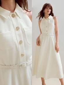 MOTF PREMIUM SOLID PATCH POCKET BUCKLE BELTED BUTTON FRONT SLEEVELESS DRESS