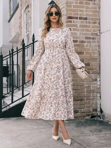 EMERY ROSE 女士圆领碎花长袖节日连衣裙长款女装 - 杏色 - 查看 4