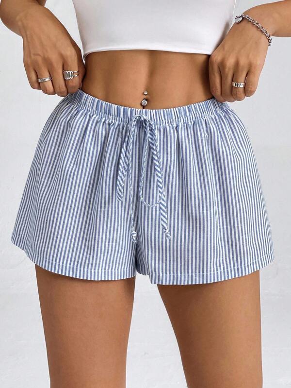 SHEIN PETITE Women's Casual Blue Striped Mini Shorts With Drawstring
