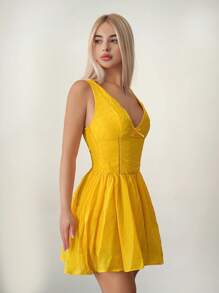Sweetina Vestido mini de mujer amarillo con bordado, decoración de lazo, cuello en V, corte A, estilo pastoral elegante de verano - Amarillo - Ver 1