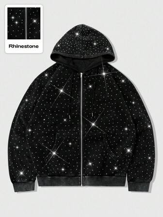 Street Life Sudadera con capucha con cremallera y estampado de copos de nieve con adornos, estilo callejero unisex
