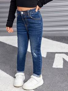 SHEIN Young Girl Vintage Blue Ripped Denim Jeans, Cool Girls Thanksgiving Fall And Winter Clothes - Dark Wash - View 3