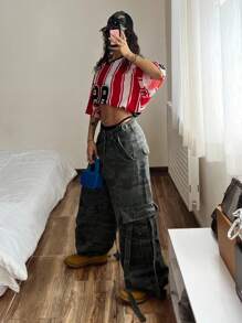 StreetHx 女式 V 领红白撞色数字印花宽松 T 恤 - 彩色 - 查看 5