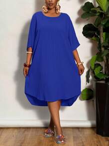 Slaydiva 2025 Novo Conjunto Rave/Páscoa Mulheres, Estilo Old Money Mulheres, Conjunto de Concerto Country, Conjuntos para Sair, Fairycore, Conjuntos de Festival, Roupas de Férias Tropicais Mulheres, Conjuntos de Verão para Mulheres, Verão, Rave, Verão Europeu, Conjuntos de Primavera, Vestuário Ocidental Mulheres Plus, Concerto, Conjunto de Formatura, Versátil Diário Simples Casual Básico Sexy/Minimalista Plus Size, Vestuário Ocidental Mulheres Plus, Vestido Curto de Manga Curta Cor Sólida Casual - Azul - Visão 7