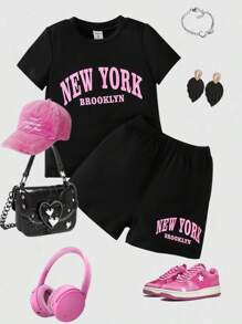 年輕女孩字母圖形t恤和短褲 - 黑色 - 查看 1