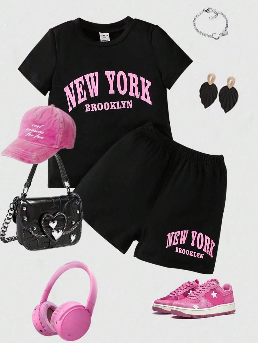 年輕女孩字母圖形t恤和短褲 - 黑色 - 查看 1