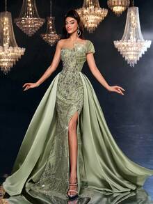 Glamrae 优雅奢华绿色串珠亮片拼接缎面美人鱼长裙，喇叭形下摆，适合婚礼、派对、度假、舞会、晚礼服（重饰） - 草綠色 - 查看 7
