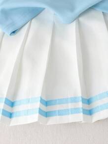 SHEIN Genkimix Kids 2 件套女童学院风心形印花翻领无袖上衣和系腰带百褶裙，适合夏季返校季 - 藍色 - 查看 6