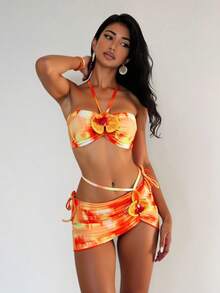 EgrlEra 3 pièces Ensemble de maillot de bain pour femme, imprimé floral avec volants, jupe en maille à fleurs exagérées - Multicolore - Voir 4