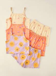 6pcs/Set Girls' Cute Casual Comfortable Multi-Color Ice Cream & Sun Print Camisole Underwear Set