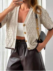 EURMUSE Women Contrast Trim V-Neck Front Tie Pom Pom Detailed Short Sleeve Cardigan Button Up Cardigan Fall Country Women Clothes Back To School,Long Cardigans Woman,Petite Cardigans,Cardigans - Beige - View 2