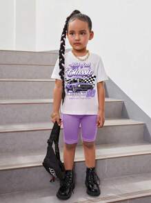 SHEIN Bộ 2 áo thun tay ngắn cổ tròn in chữ thường ngày và quần short đạp xe cho bé gái - Nhiều màu - Xem 1