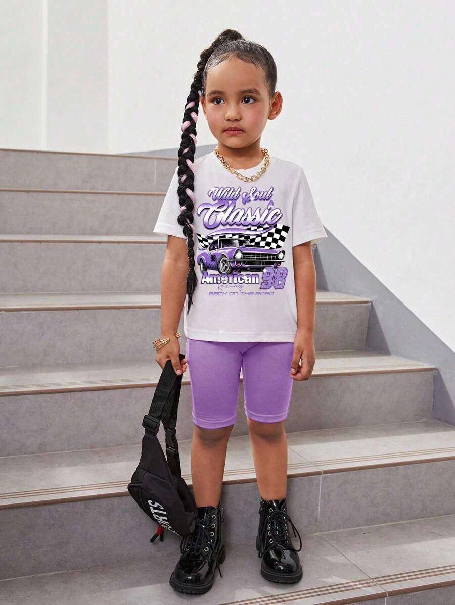 SHEIN Bộ 2 áo thun tay ngắn cổ tròn in chữ thường ngày và quần short đạp xe cho bé gái - Nhiều màu - Xem 1