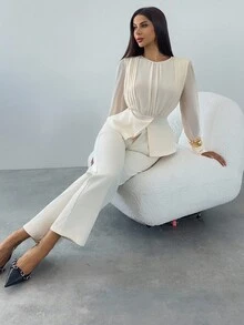 Firerie 女士优雅秋冬百搭办公室通勤商务休闲纯色浪漫褶皱 A 字形圆领长袖褶皱设计优雅雪纺衬衫/褶皱上衣，教师工作/度假/商务休闲女士/教师/返校/教师/轻盈舒适工作/办公室女士 - 白色 - 查看 8