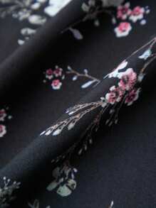 Sweetra 女士花卉印花腰带优雅 A 字裙，度假风格 - 黑色 - 查看 3