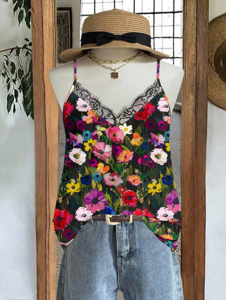 EMERY ROSE 加大码 V 领蕾丝拼布花卉印花吊带背心，优雅适合度假、约会、派对和时尚 - 彩色 - 查看 1