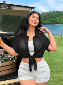 SHEIN EZwear 大码女式夏季透明前扣短袖衬衫，母亲节、度假、办公室黑色衬衫 - 黑色 - 查看 8