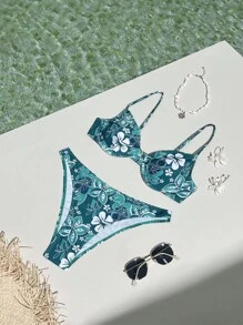 SHEIN Swim Summer Beach Tropical Print Underwire Design Swimwear Set - Green - View 6