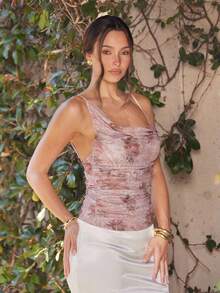 L'Amorae Asymmetrical Leopard Floral Mesh Print Cami Top Spring Summer Ibiza Night Out Vacation Casual