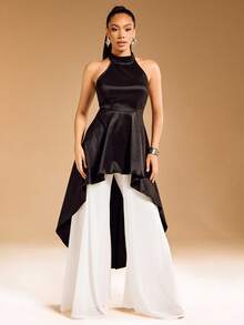 Solid Taffeta Halter Neck High Low Hemline Open Back Top - Black - View 1