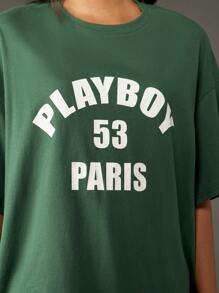 Missguided x Playboy Oversized College Athletic T-Shirt Short Sleeve Graphic Design Casual Summer Retro Streetwear Vintage Paris Logo Festival Urban Style Tee - Green - View 5