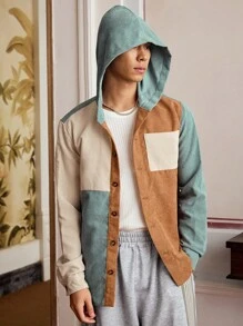SWAVVY Loose Fit Men's Color Block Patched Pocket Hooded Corduroy Shirt (Shirt Only), For Fall Winter - Blue - View 1