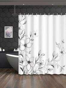 SHEIN 1PC Floral Shower Curtain - Black & White Modern Botanical Print, Waterproof Polyester Fabric With Rust-Resistant Grommets, Machine Washable Bathroom Decor - Luxury Spa Style, Hotel Inspired, Woven Textured Design For Bath & Shower
