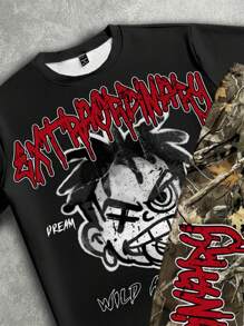 Manfinity ZONE917 男士宽松卡通红白涂鸦人物及裸枝迷彩印花针织短袖T恤及裤子套装 - 彩色 - 查看 2