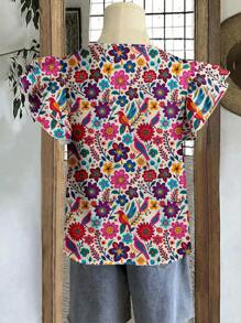 EMERY ROSE Plus Size Women's Daily Casual Elegant Retro Holiday Style Tropical Floral Retro Pattern Round Neck Double Layer Cap Sleeve Loose Shirt, Women's Summer Clothing, Women's Vacation Clothing, Women's Summer Clothing, Women's Going Out Tops,Flower/Spring - Multicolor - View 4