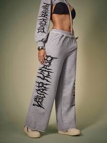 Shutterstock Women's Loose Gothic Letter Print Frayed Hem Drawstring Sweatpants, Casual Street Style For Halloween, Back To School, Autumn Graphic Sweatpants Wide Leg Sweatpants Grey Sweatpants Women Matching Idea Party Pant
