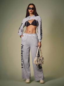 Shutterstock Women's Loose Gothic Letter Print Frayed Hem Drawstring Sweatpants, Casual Street Style For Halloween, Back To School, Autumn Graphic Sweatpants Wide Leg Sweatpants Grey Sweatpants Women Matching Idea Party Pant