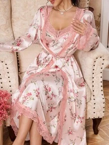 Elorette CottageSlumber Romantic Floral Print Lace Trim Camisole Sleep Dress And Belted Robe Satin Pajama Set Night Gown Women Set Floral Robe Set Lingerie Robe Set 2 Piece Nightgown Set, Fall Winter Clothes Cozy And Elegant Details - Multicolor - View 5