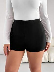 SHEIN Essnce 大码女式春夏时尚休闲舒适日常性感黑色高腰紧身短裤，女式夏季服装，女式下装，狂欢节服装，曲线短裤