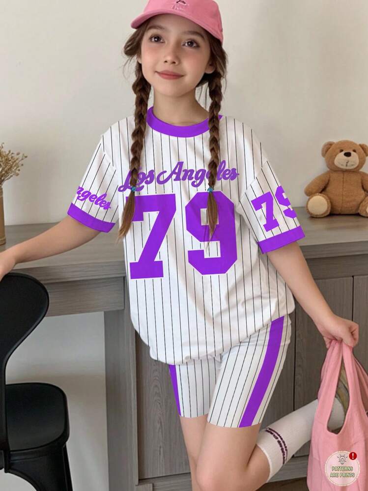 SHEIN Conjunto informal de 2 piezas para niña preadolescente con camiseta de manga corta holgada y leggings, adecuado para el verano - Multicolor - Añade 1