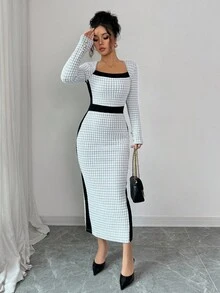 SHEIN Clasi Square Neck Color Block Fitted Dress, Women Long Dress Fall Cloth For Women - Multicolor - View 6