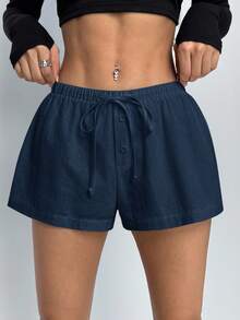 SHEIN PETITE Shorts casuais soltos com cordão na cintura e cor sólida para mulheres