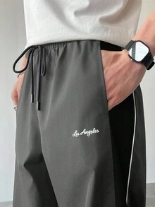 Manfinity EMRG Men's Casual Color Block Drawstring Straight Leg Pants, Loose Fit Long Patchwork Black Straight Leg Sweatpants, Fall Football - Dark Grey - View 3