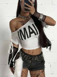 Coolane 女式夏季音乐会街头服饰 Y2K 休闲图案弹力宽松抽绳肩带不对称领口短款 T 恤 - 白色 - 查看 2