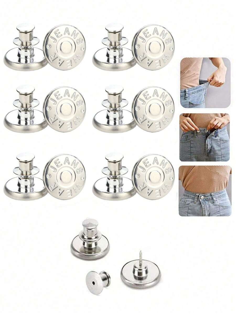 SHEIN 6 Pcs/12Pcs Jeans Buttons Replacement 17mm No Sewing Metal Button Repair Kit Nailless Removable Jean Buttons Replacement Combo Valentines Wedding, Birthday, Buttons, Sewing, Sewing Supplies, Sewing Accessories, Craft Supplies, DIY, Crafts For Adults - Silver - View 1