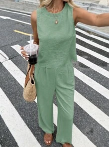 Serisse 2pcs Women Solid Color Tied Back Sleeveless Blouse And Pants Suit,Summer Sets