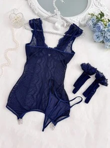 4pcs Set: Lace Contrast Mesh Ladies Sexy Goth Underwire Chemise Nightgown + G-String + 2pcs Stockings For Going Out - Navy Blue - View 2