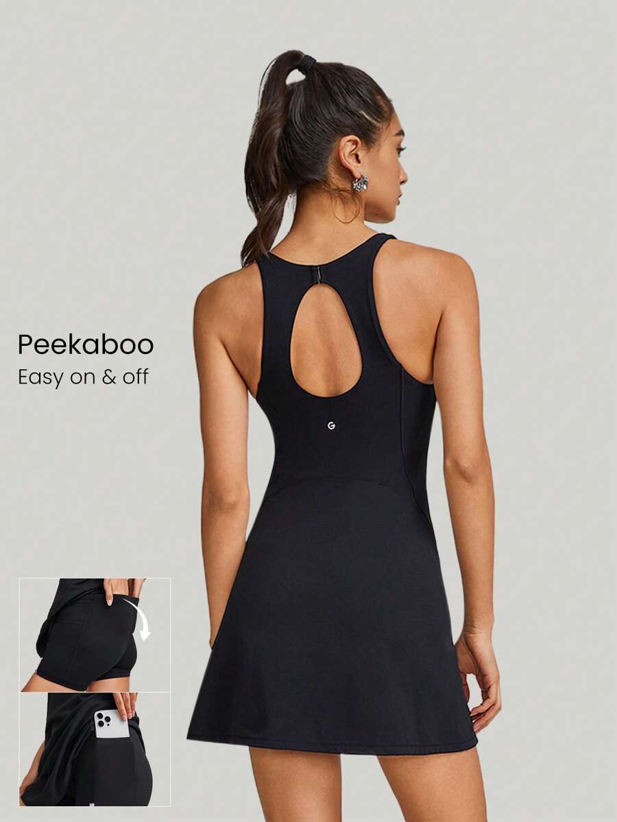 GLOWMODE FeatherFit™-Air Peekaboo Cut-Out Pocket Váy thể thao đa chức năng có quần đùi tích hợp Hỗ trợ ánh sáng Yoga tác động thấp Hàng ngày vào mùa hè - màu đen - Xem 1