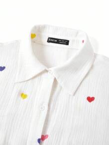 Ellevyn Women's Long Sleeve Heart Print Cotton Textured Fabric Waist Slimming Shirt Dress, Elegant Daily Wear Short Dress