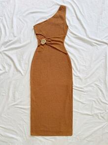 Soleia 女式无袖腰左侧镂空贝壳金属贴花纹理面料紧身迷你连衣裙，女式长裙，适合节日、约会、下午茶、度假、波西米亚风、钩针编织、亚麻 - 棕色 - 查看 5