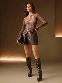 Anewsta Women's Autumn/Winter PU Leather Distressed Brown Maillard Quilted Paneled Design Versatile Elegant Romantic Retro Modern Waist Belt Design Shorts - Khaki - View 6