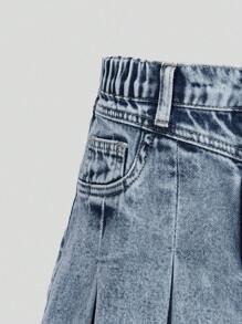 SHEIN 青少年女孩复古水洗牛仔时尚百搭舒适休闲简约松紧腰褶皱牛仔裙 - 霧霾藍 - 查看 7