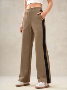 OutZeal Pantalon large à fente latérale avec blocs de couleurs stretch et toucher frais, pour un usage quotidien et décontracté pour femmes - Tabac - Voir 10